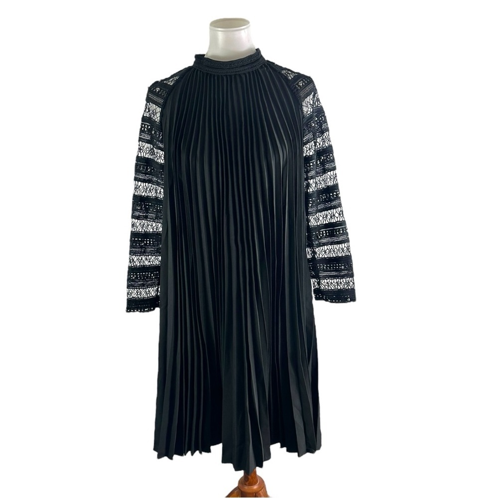 Why Dress Black Pleated Lace Beaded Sleeves Size Medium NEW NWT